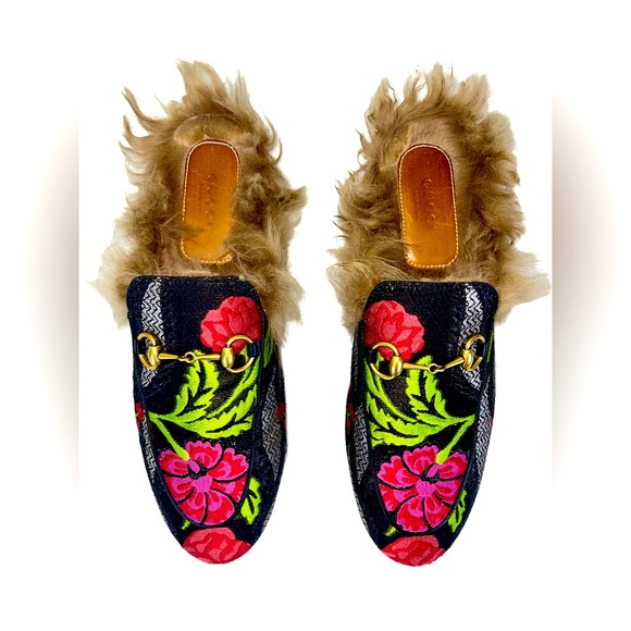GUCCI PRINCETOWN TAPESTRY BROCADE FUR FLORAL MULE SLIPPERS - Picture 3 of 7